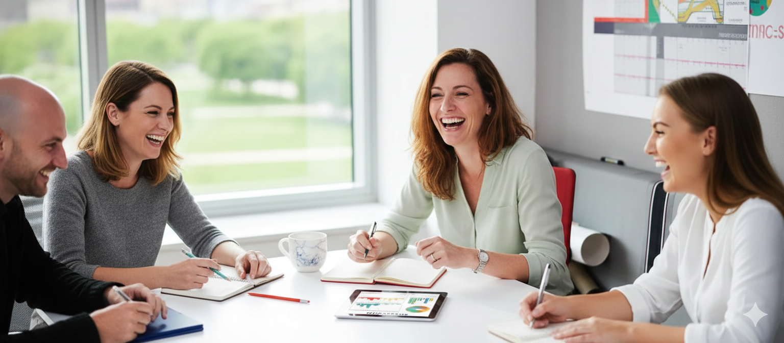 Equipo de trabajo sonriendo y colaborando